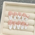 Handmade press-on nails with 3D white flowers, pearls, and bows in pink and white - Large (L) / 1707 Nude Pink White French