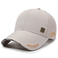 Light gray breathable mesh baseball cap with laser cut holes and metal logo plaque - Deep Beige