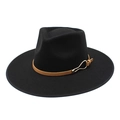 Detailed macro view of black wool fedora featuring a brown leather band and gold buckle - M(56-58cm) / Black