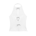 Detail showing three rhinestone bows on a white halter top with smooth fabric texture - XS / White