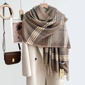 Thick houndstooth scarf with tassels in brown and beige tones for winter warmth - Coffee Style (Style 4)