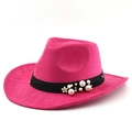 Cappello fedora magenta in pelle scamosciata con perle e borchie su nastro decorativo - M (56-58cm) / Rosa Rossa