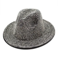 Detailed close-up of handmade silver rhinestones on a black wool Fedora jazz hat - M (56-58cm) / Silver