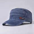 Detail of washed cotton cadet cap in navy blue with red FS FASHION side label - Adjustable / Navy Blue