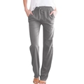 Detailed view of women's grey linen pants featuring an elastic drawstring waist and side pockets - S / Light Gray