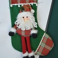 British style plush Christmas stocking with 3D Santa Claus and classic red green plaid trim - Santa Claus