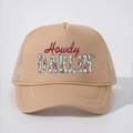 Beige mesh trucker hat featuring red Howdy Darlin' floral text and braided rope detail - All Khaki