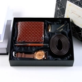 Men's gift set featuring brown leather watch, belt, wallet and pen in a black gift box - 6-Piece Coffee Set (Auto Buckle + Belt + Wallet + Watch + Pen + Gift Box)