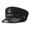Classic black sailor captain hat with silver anchor emblem and faux leather brim - M (56-58cm) / Anchor Style Black