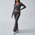 Women's two-piece casual gray knit set with long sleeve V-neck top and flared pants - 2XL / Dark Gray