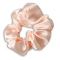 Elegant peach pink satin scrunchie with smooth glossy texture and pleated silk-like finish - Peach Pink