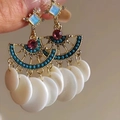 Macro detail of bohemian fringe earrings with colorful beads and white shell drops - 11# Silver Pin - White (Faux Gemstone Shell Earrings)