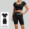 Dames sportset in sterrenzart met cropped top en hoge taille legging sportset - S / Boven- En Onderstuk / Zwart Sterren + Zwart Sterren
