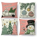 Set of 4 Christmas throw pillow covers with truck, ornaments, trees and snowman prints - Pink Truck Snowman