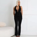 Détail du haut dos nu noir sexy et du pantalon évasé en maille texturée pour femme - S / Noir