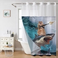 Detail of waterproof polyester shower curtain with reinforced metal rings and funny cat print - 181x188cm Single Shower Curtain / SYL-3 (Funny Cat Riding Shark)