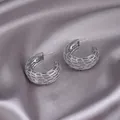 Silver woven mesh C-shape earrings with intricate hollow texture and stud back - E-085---Platinum