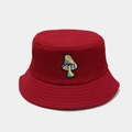 Detailed embroidery of a colorful mushroom on a red cotton canvas bucket hat - M (56-58cm) / Dreamy Mushroom Wine Red