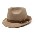Classic camel faux suede fedora hat with brown leather band and gold metal buckle - M (56-59cm) / Camel Suede