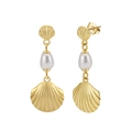 S925 sterling silver shell earrings with natural pearls in gold finish for women - Gold Pearl Shell Drop Earrings (GPE114-14K)