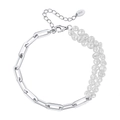 Bracelet en argent S925 avec double rangée de perles baroques et chaîne en métal poli - Bracelet en Perles Double Rang Argenté Design Épissé (GPB04-P)
