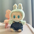 Labubu doll outfit with green bunny ear hood and dark blue denim overalls costume - Single-piece Denim Pocket Overalls / First And Second Generation Keychains Are Compatible With La Cloth Dolls. Dolls Not Included.