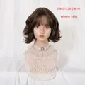 Short dark brown curly bob wig with bangs, 145g synthetic hair for women - Tea Brown