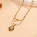 Double-layered gold snake chain necklace with sunburst opal pendant and metal bead - Double Layer Sun Pendant Style / Gold White Cat's Eye (I617)