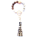 Beaded bracelet keychain with leopard print beads, wooden hexagon and PU tassel - Style 8 (Leopard Marble White)