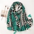 Bohemian paisley print cotton linen scarf with green tassels and artistic patterns - SL2007-039 (White Green Black Geometric Leaf)