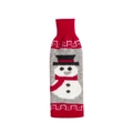 Christmas knitted wine bottle cover with grey snowman design and red ribbed neck - Grey and Red Snowman