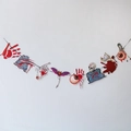 Halloween party banner with bloody handprints, eyeballs, and skulls on white background - Bloody Handprint and Eyeball Banner