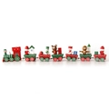 Detailed view of a seven-section wooden Christmas train with Santa and snowman figures - Red Green White