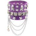 Detailed view of purple punk leather bracelet with metal skulls, spikes, and silver chains - Purple Jewelry Set