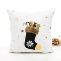 Funda de cojín navideña blanca con estampado de calcetín negro y dorado con estrellas - 45*45cm (Con Núcleo 400g) / 4-Patrón de Calcetín de Navidad