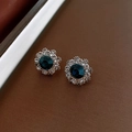 Silver flower stud earrings with dark blue center stone and white diamond halo - 51# 925 Sterling Silver Earring Post-Blue Center Stone Rhinestone Encircled Stud Earrings