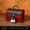 Vintage dark red jewelry box with copper coin pattern, metal handle and code lock - Copper Coin Pattern with Handle & Combination Lock