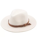 Chapeau fedora en raphia blanc avec ruban en similicuir brun et boucle dorée - Blanc