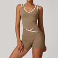 Brown cross high waist yoga set with white contrast piping for women fitness wear - S / Top And Bottom / Cocoa Brown (Vest + Shorts)