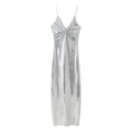 Abito lungo da donna con paillettes argento con scollo a V profondo e vestibilità slim - XS / Argento