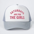 Gray and white trucker hat featuring pink Saturdays Are For The Girls print logo - Gray