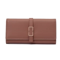 Brown long PU leather wallet for women with vertical strap and golden metal buckle - Dust Rose