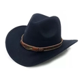 Classic wool felt western cowboy hat with brown braided band and feather pendant detail - One Size 58cm / Leaf Belt / Navy Blue