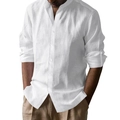 Detail of white linen shirt showing mandarin collar and breathable texture on male model - S / Tops / White