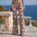 Rosafarbene High-Waist-Schlagjeans mit 3D-Blumenstickerei und Perlenverzierung - XS / Unterteile / Rosa Rosendruck (chdswg1)