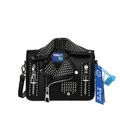 Black PU leather biker jacket crossbody bag with silver studs and decorative zippers - Black