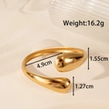 Gold-toned teardrop open bangle in polished stainless steel with size measurements - Minimalist Streamlined Teardrop Style (YB-051)