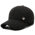Gorra de béisbol de lana negra para hombre con forro térmico y placa de metal - Ajustable / Negro