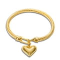Golden twisted cable bracelet with heart pendant and buckle detail in geometric style - Large Heart Pendant / Gold