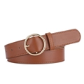 Brown PU leather belt for women featuring a round golden buckle and stitched edge detailing - Gold Clasp / Camel